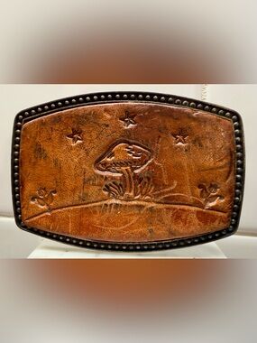 Vintage Alumaline 4108 | Embossed Leather Mushroom & Stars Belt Buckle | 1970s